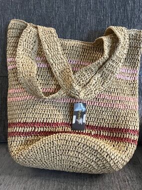 STYLE & CO Stylized Straw Tote Bag with Pink & Red Stripes